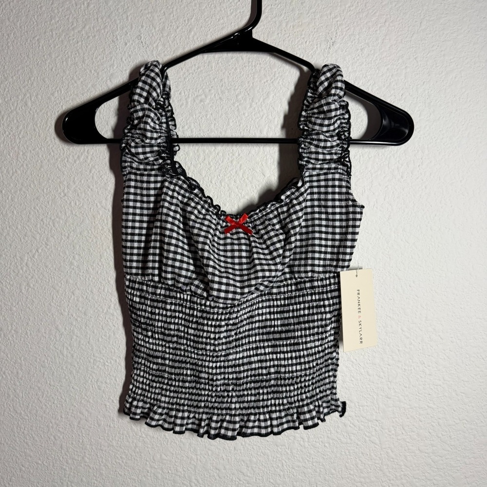 Frankee & Skylarr Babydoll Top Womens XS Black White Gingham Bow Front Smocked